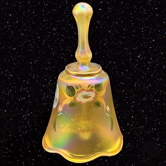 FENTON Glass Hand Painted 50TH ANNIVERSARY IRIDESCENT YELLOW Bell Signed 4”T 2”W - Picture 1 of 5